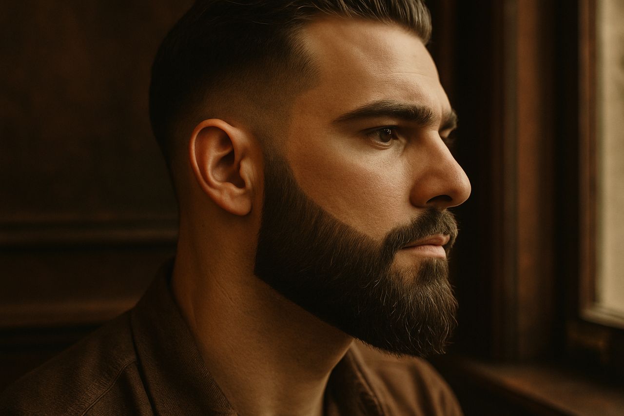 Before: client with uncut hair and ungroomed beard