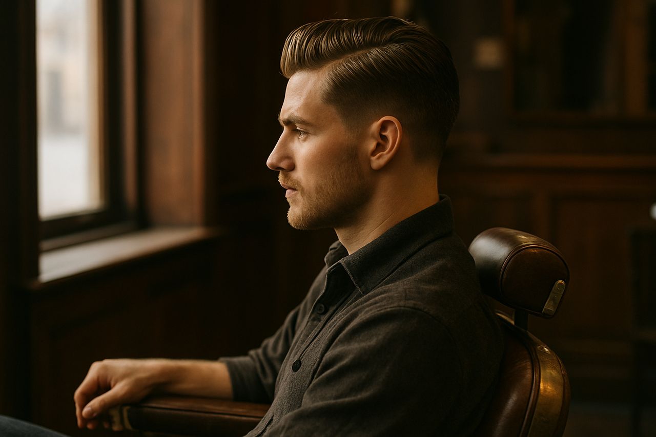 After: client with a clean skin fade and sculpted beard