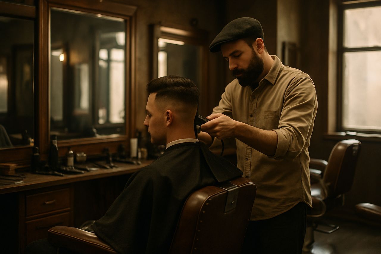 Barber mid-fade under tungsten amber light at Crown and Comb