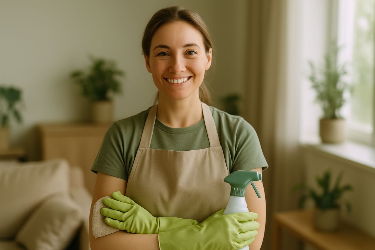 EcoSparkle cleaner at work with natural, plant-based products in a bright Seattle home