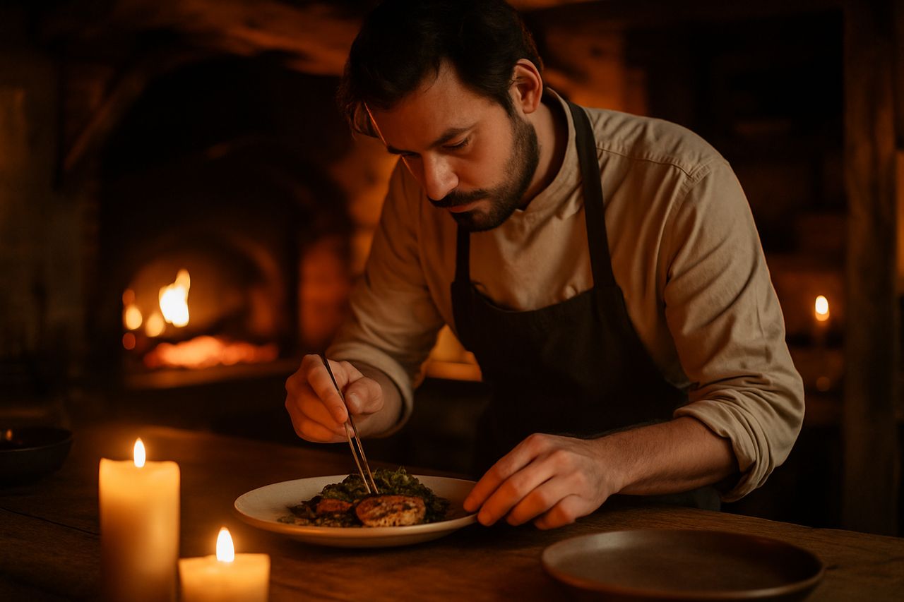 Chef at the wood-fired hearth at Ember and Vine