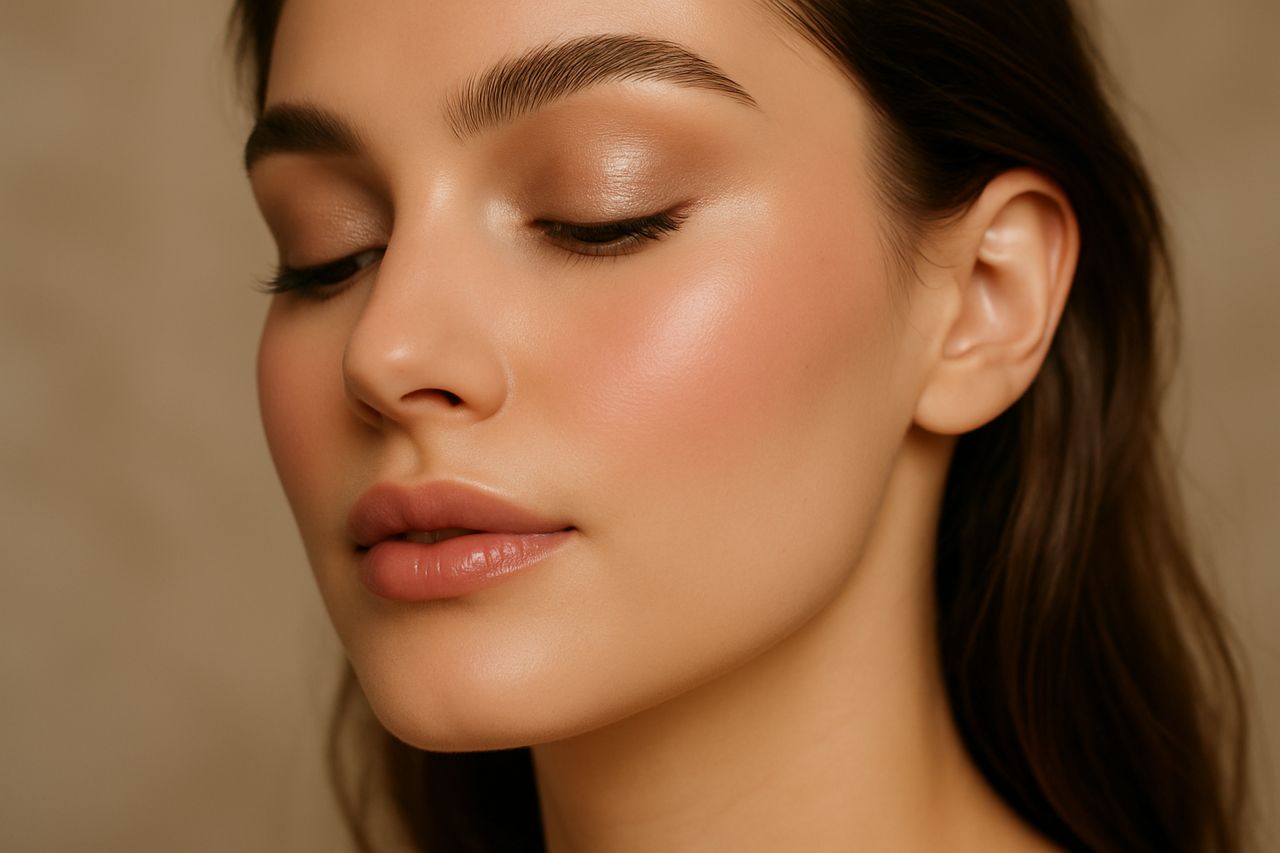 Soft studio ambiance, champagne light, a peaceful beauty ritual