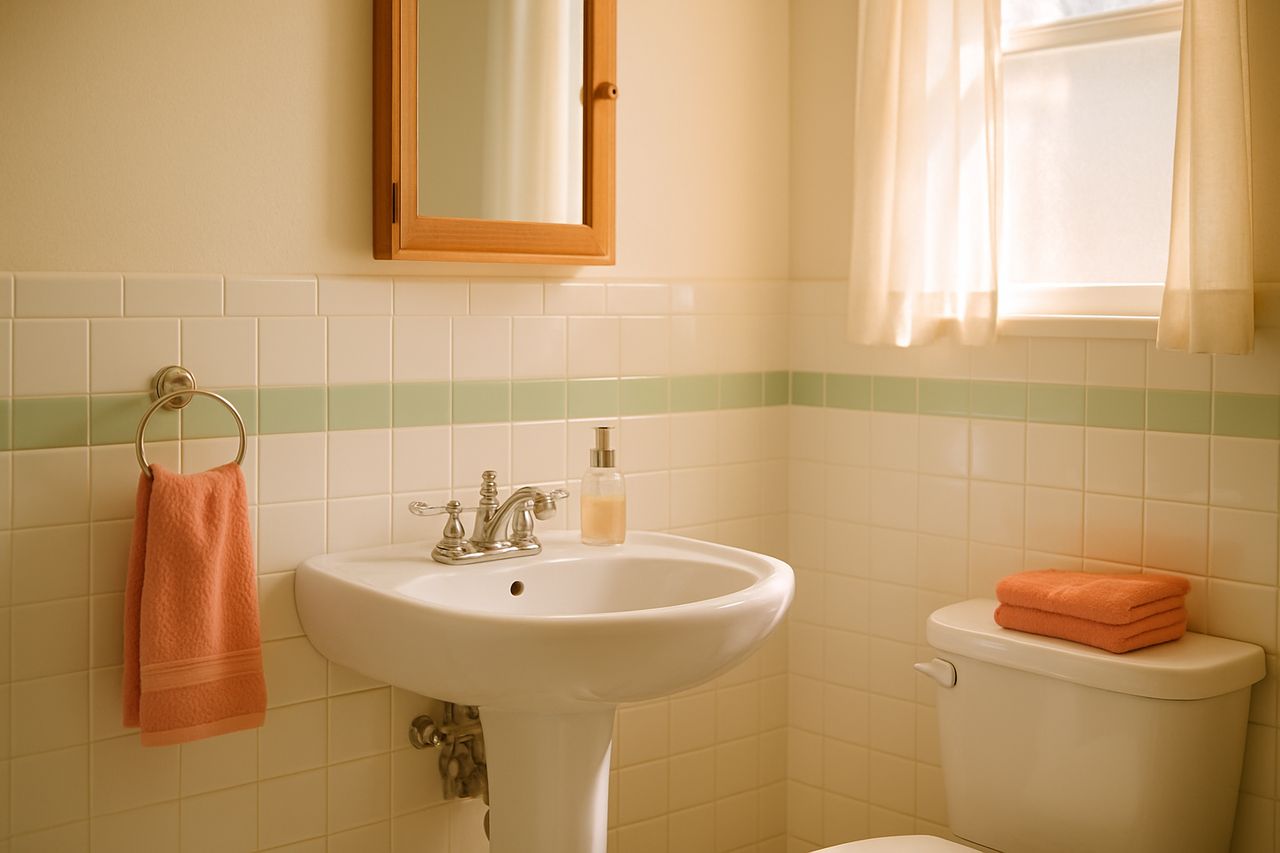 A gleaming bathroom shelf