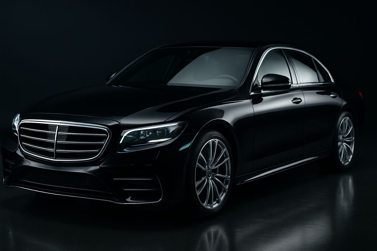 Black sports car with mirror-finish paint under studio lighting