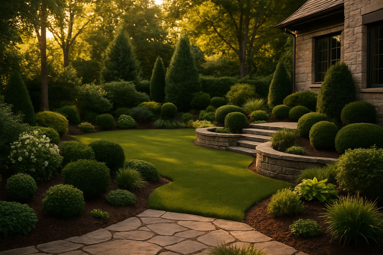 Estate grounds at first light — lush landscape by Stoneveil