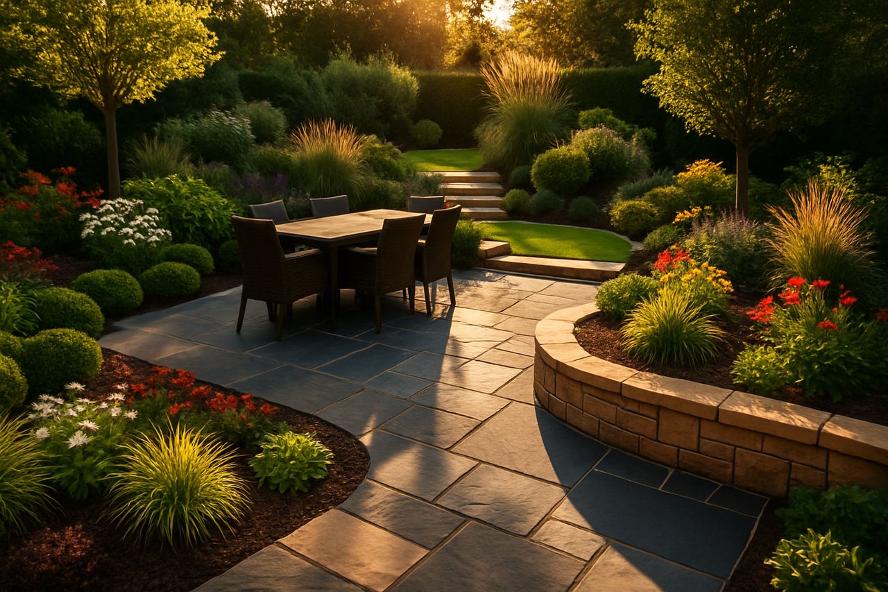 Finished stone paver patio and outdoor living space at dusk